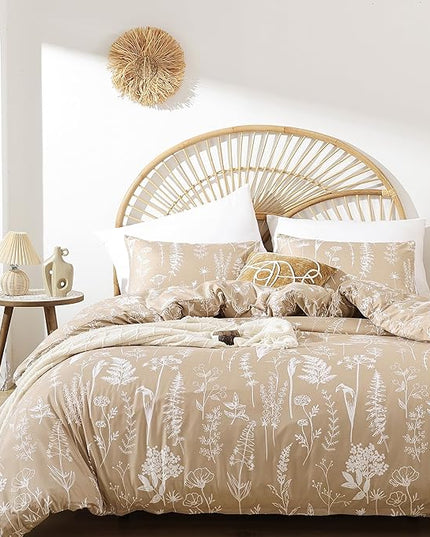 JANZAA 3pcs Taupe Comforter Set King Size Comforter Set,Soft Microfiber Bedding Plant Printed on Floral Comforter with 2 Pillow Cases for All Seasons(King) - LeafyLoom
