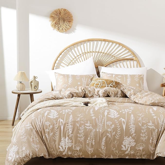 JANZAA 3pcs Taupe Comforter Set King Size Comforter Set,Soft Microfiber Bedding Plant Printed on Floral Comforter with 2 Pillow Cases for All Seasons(King) - LeafyLoom