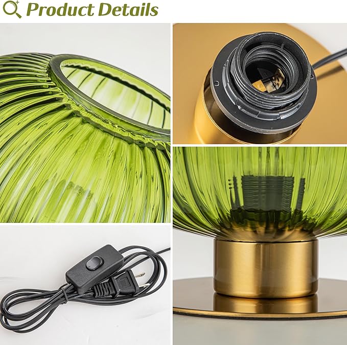 Small Table Lamp Elegant Green Glass Bedside Lamp with Ribbed Glass Shade Decorative End Table Lamp for Bedroom Tabletop Corner Shelf (Green) - LeafyLoom