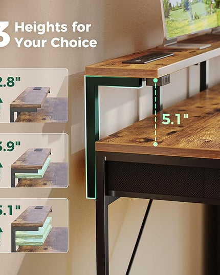 Gaming Desk with 6 Drawers, Computer Desk with LED Lights Power Outlets and Type-C, 54 Inch Office Desk with Storage, Monitor Stand, Writing Desk Work Desk for Home Office, Study, Rustic Brown - LeafyLoom