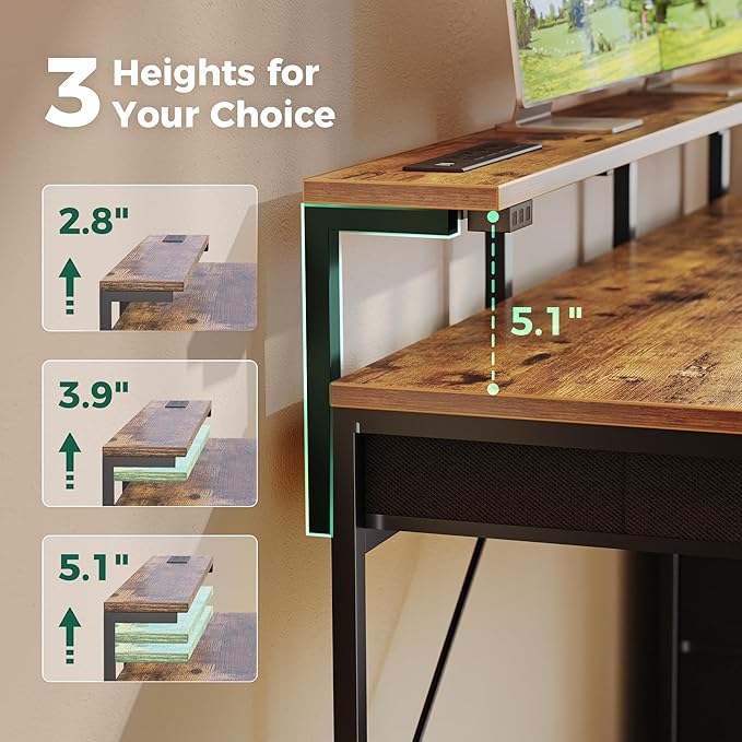 Gaming Desk with 6 Drawers, Computer Desk with LED Lights Power Outlets and Type-C, 54 Inch Office Desk with Storage, Monitor Stand, Writing Desk Work Desk for Home Office, Study, Rustic Brown - LeafyLoom