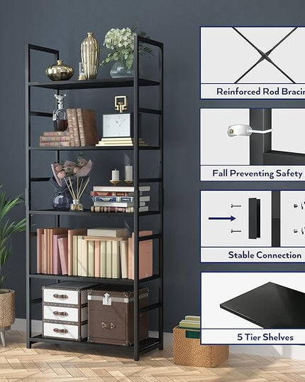 NUMENN 5 Tier Bookshelf, Tall Bookcase Shelf Storage Organizer, Modern Book Shelf for Bedroom, Living Room and Home Office, Black - LeafyLoom