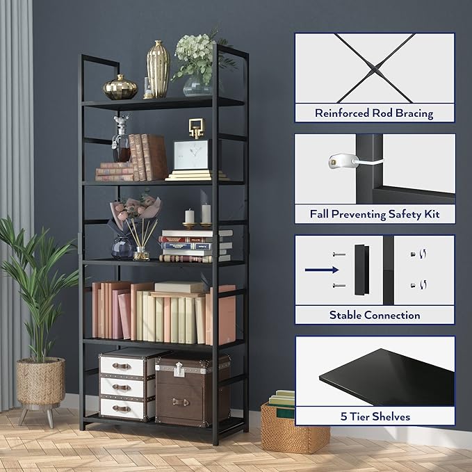 NUMENN 5 Tier Bookshelf, Tall Bookcase Shelf Storage Organizer, Modern Book Shelf for Bedroom, Living Room and Home Office, Black - LeafyLoom