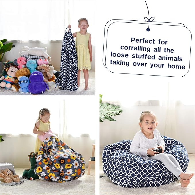 YuppieLife Kids Animal Storage Bean Bag Cover Extra Large stuff'n Sit（Just Cover, No Filling）|Toy Organizer|Carrying Handle|Available for Kids and Teenager|Cuddle Chair（38“,Leaf Clover） - LeafyLoom