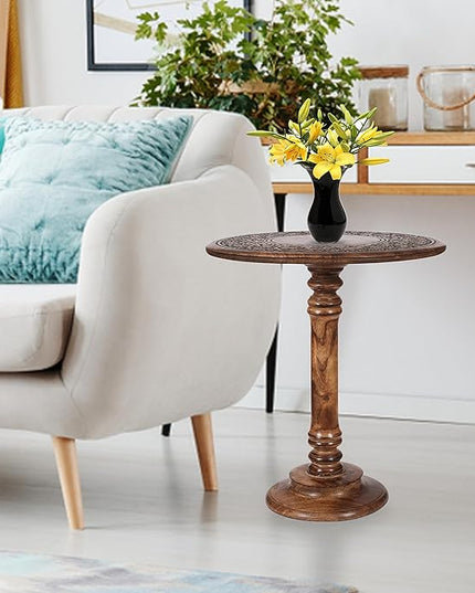 Round End Table,Small Table,Side Table, Side Tables Living Room,End Table,Round Side Table,Altar Table, Carved Side Table,Wood Accent Table,Carved Wood Table Single Pillar 18x22 inch Burnt - LeafyLoom