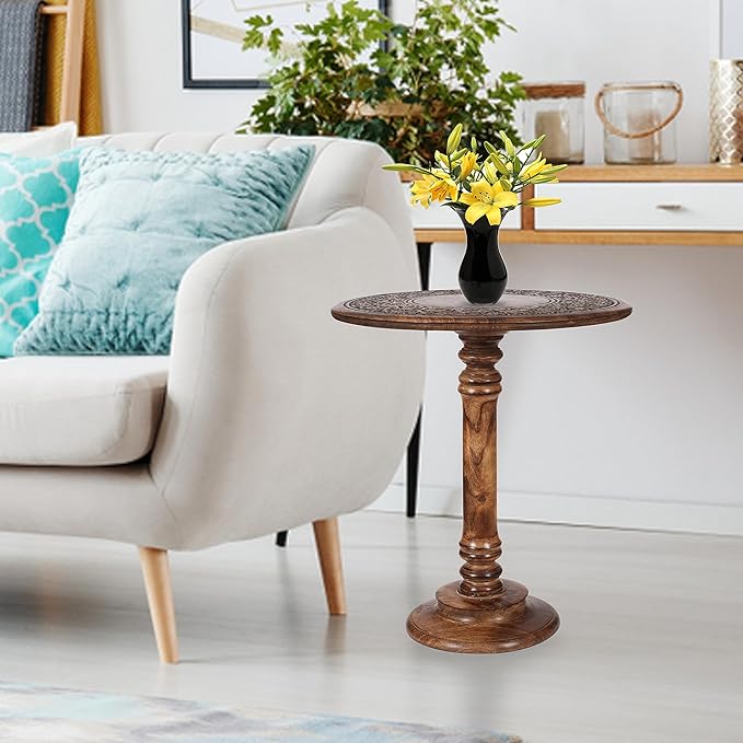 Round End Table,Small Table,Side Table, Side Tables Living Room,End Table,Round Side Table,Altar Table, Carved Side Table,Wood Accent Table,Carved Wood Table Single Pillar 18x22 inch Burnt - LeafyLoom