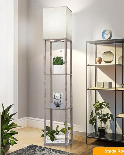 Floor Lamp with Shelves for Living Room Oak Gray, Shelf Floor Lamp with 3 CCT LED Bulb, Corner Display Standing Column Lamp Etagere Organizer Tower Nightstand with White Linen Shade for Bedroom Office - LeafyLoom