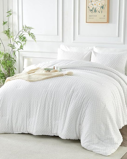 Queen Size Tufted Kids Comforter Set 7 Piece White Jacquard Tufts Embroidery Bedding Set for Boys Girls Bed in A Bag Quilt with 1 Comforter, 1 Flat Sheet, 1 Fitted Sheet, 2 Pillowcase, 2 Pillow Sham - LeafyLoom