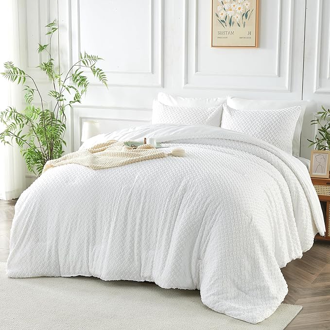Queen Size Tufted Kids Comforter Set 7 Piece White Jacquard Tufts Embroidery Bedding Set for Boys Girls Bed in A Bag Quilt with 1 Comforter, 1 Flat Sheet, 1 Fitted Sheet, 2 Pillowcase, 2 Pillow Sham - LeafyLoom