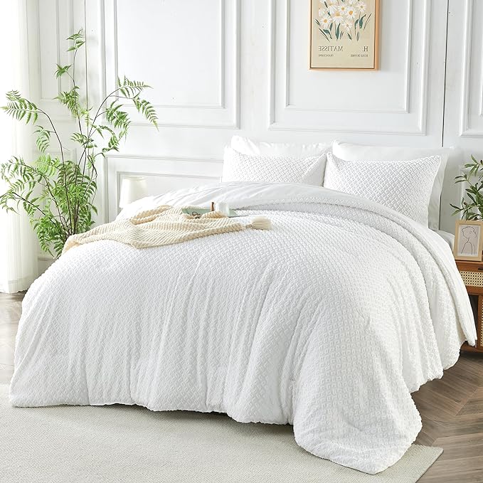 Twin Size Kids Comforter Set 6 Piece White Tufted Bedding Set for Boys Girls Jacquard Tufts Embroidery Bed in A Bag Quilt with 1 Comforter, 1 Flat Sheet, 1 Fitted Sheet, 1 Pillowcase and 2 Pillow Sham - LeafyLoom
