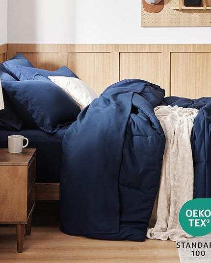 Bedsure Navy King Comforter Set - 7 Pieces Solid King Bed in a Bag, King Bed Set Navy with Quilted Warm Fluffy Comforters, Sheets, Pillowcases & Shams - LeafyLoom