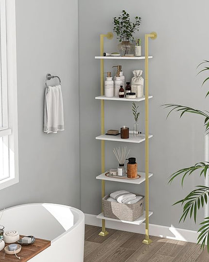 Axeman 5-Tier Ladder Bookcase, Tall Narrow Bookshelf for Small Spaces, Modern Book Storage Organizer Case Open Shelves for Living Room, Bedroom，Office, Library, Gold and White - LeafyLoom