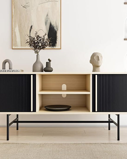 Roomfitters Mid Century Modern TV Stand with Tambour Door for TVs up to 65", Sideboard Buffet Tambour Cabinet with Sliding Door, Entertainment Center for Living Room, Media Console with Storage, Black - LeafyLoom