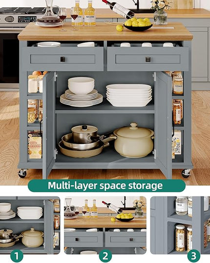 YITAHOME Kitchen Island with Drop Leaf & Power Outlet, Rolling Kitchen Cart on Wheels, Americana Kitchen Island Cabinet with Open Shelves for Kitchen Dining Room, Thicker Rubberwood Top, Grey Blue - LeafyLoom