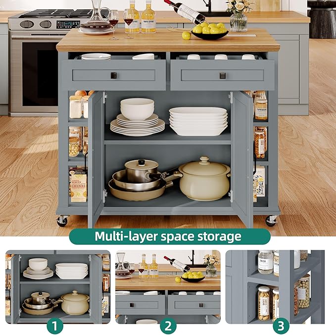 YITAHOME Kitchen Island with Drop Leaf & Power Outlet, Rolling Kitchen Cart on Wheels, Americana Kitchen Island Cabinet with Open Shelves for Kitchen Dining Room, Thicker Rubberwood Top, Grey Blue - LeafyLoom