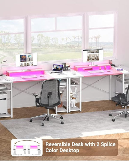 armocity Computer Desk with LED Lights, 55 Inch Desk with Power Outlet and USB, Reversible Large Desk with Moveable Monitor Stand, 55.2'' Gaming PC Table for Home Office, Workstation, Pink and White - LeafyLoom