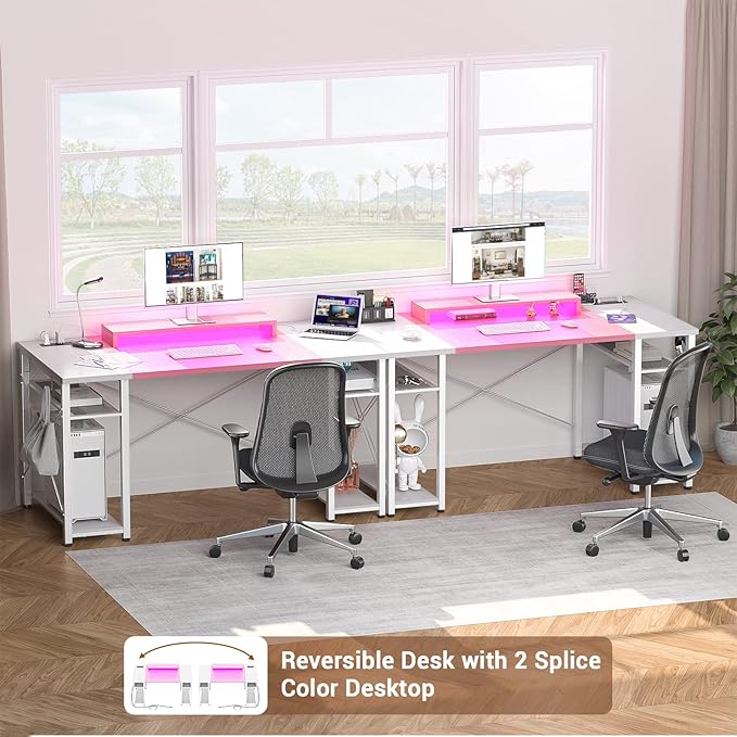 armocity Computer Desk with LED Lights, 55 Inch Desk with Power Outlet and USB, Reversible Large Desk with Moveable Monitor Stand, 55.2'' Gaming PC Table for Home Office, Workstation, Pink and White - LeafyLoom