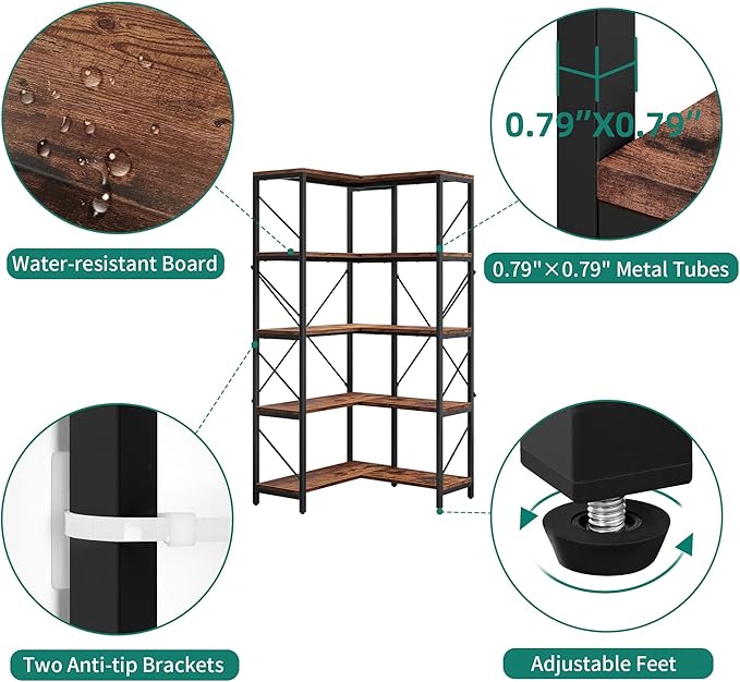 YITAHOME Corner Bookshelf, Industrial Corner Shelf 5 Tier Bookcase, Large Display Rack Storage for Bedroom, Living Room, Home Office,Rustic Brown - LeafyLoom