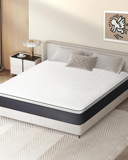 Hybrid Full Mattress 12 Inch, Full Size Spring Gel Memory Foam Mattress, Medium Firm Full Mattresses in a Box, Hybrid Coil Innerspring Mattress for Adjustable Bed Frame, White Grey - LeafyLoom