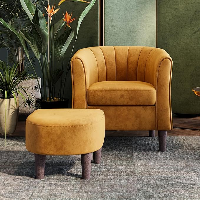 Velvet Accent Chair, Barrel Chair with Ottoman, Modern Comfy Reading Chair Armchair for Living Room Study Room Office, Yellow - LeafyLoom