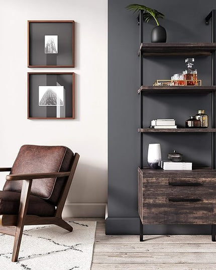 Nathan James Theo Industrial Bookshelf with Wood Drawers and Matte Steel Frame, 3-Shelf, Nutmeg/Black - LeafyLoom