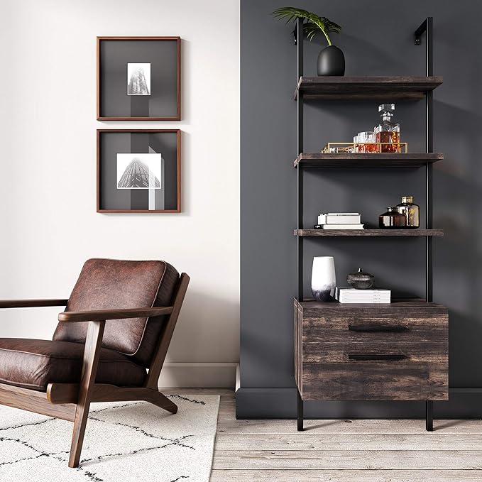 Nathan James Theo Industrial Bookshelf with Wood Drawers and Matte Steel Frame, 3-Shelf, Nutmeg/Black - LeafyLoom