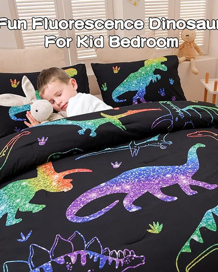 Meeting Story Dinosaur Comforter Set, Fluorescence Gradation Dinosaur Twin Comforter Set, 3 PCS 1 Comforter and 2 Pillowcases in One Bag, All Season Bedspread for Kids Teens Adults（Twin） - LeafyLoom