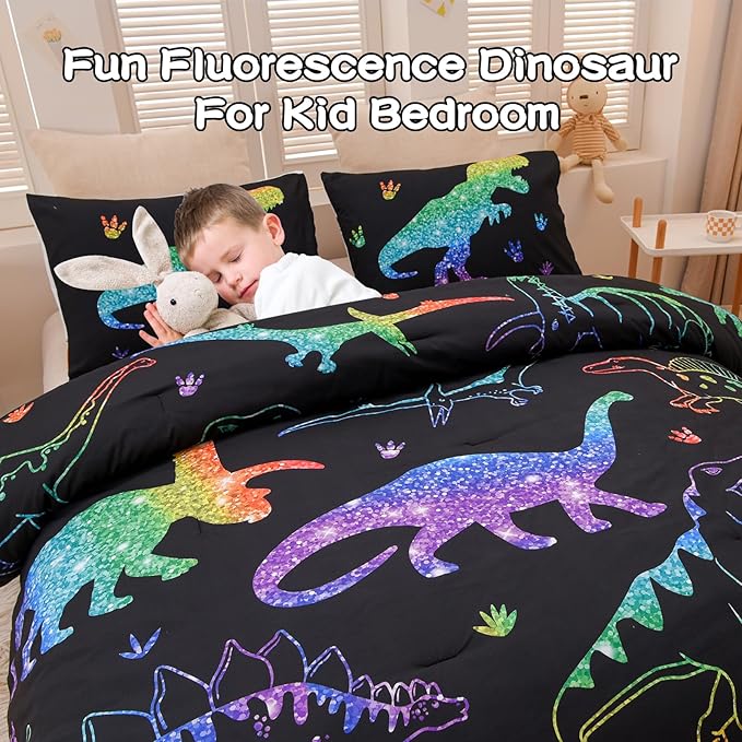 Meeting Story Dinosaur Comforter Set, Fluorescence Gradation Dinosaur Twin Comforter Set, 3 PCS 1 Comforter and 2 Pillowcases in One Bag, All Season Bedspread for Kids Teens Adults（Twin） - LeafyLoom