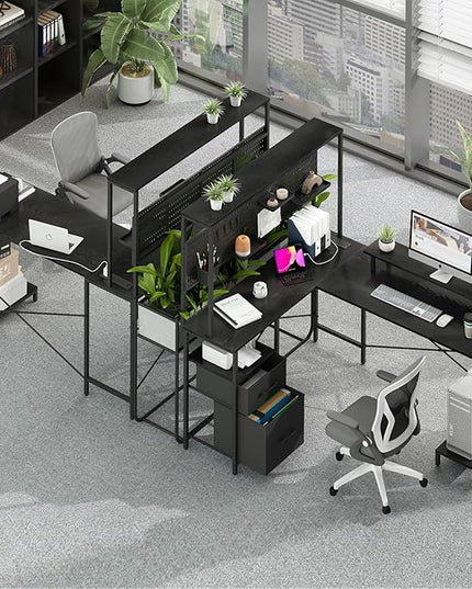 Yoobure L Shaped Desk with Pegboard, Reversible Gaming Desk with LED Lights & Power Outlets, Computer Desk with Drawers & Storage Shelves, Office Desk with Monitor Stand Corner Desk Home Office Desks - LeafyLoom