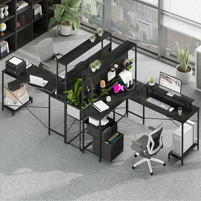 Yoobure L Shaped Desk with Pegboard, Reversible Gaming Desk with LED Lights & Power Outlets, Computer Desk with Drawers & Storage Shelves, Office Desk with Monitor Stand Corner Desk Home Office Desks - LeafyLoom