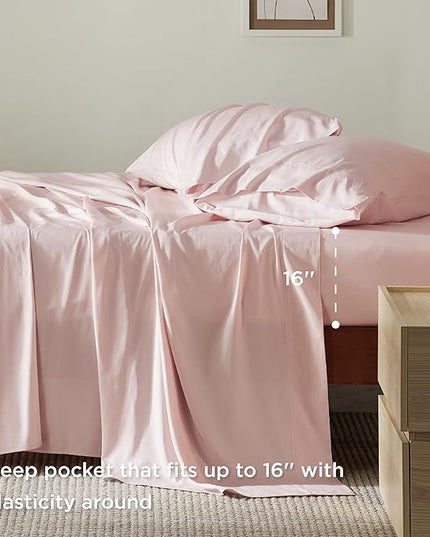 Bedsure California King Sheet Sets, Cooling Sheets, Rayon Derived from Bamboo, Deep Pocket Up to 16", Breathable & Soft Bed Sheets, Hotel Luxury Silky Bedding Sheets & Pillowcases, Pink - LeafyLoom