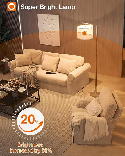 addlon Floor Lamp for Living Room with Remote, Dimmable Standing lamp with Linen lampshade for Bedroom, Office, Lamps with 9W LED Bulb Included - Brown & Nickel with Beige Shade - LeafyLoom
