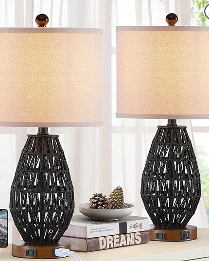 Touch Control Rattan Table Lamps, 3 Way Dimmable Bedside Lamps for Bedroom Set of 2 with 2 USB Ports and AC Outlet, Black Wicker Nightstand Lamps for Living Room (LED Bulbs Included) - LeafyLoom