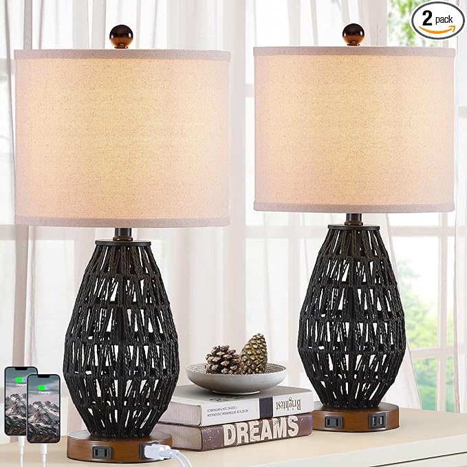 Touch Control Rattan Table Lamps, 3 Way Dimmable Bedside Lamps for Bedroom Set of 2 with 2 USB Ports and AC Outlet, Black Wicker Nightstand Lamps for Living Room (LED Bulbs Included) - LeafyLoom