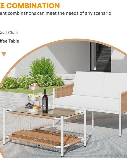 Shintenchi 2 Piece Patio Wicker Furniture Set, Outdoor Patio Furniture Rattan Conversation Set with Coffee Tables and Loveseat for Backyard, Balcony, Poolside - LeafyLoom