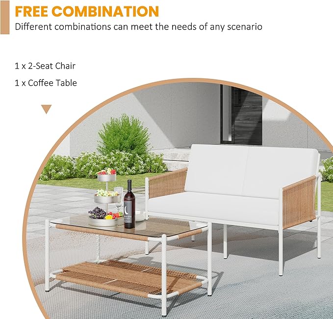 Shintenchi 2 Piece Patio Wicker Furniture Set, Outdoor Patio Furniture Rattan Conversation Set with Coffee Tables and Loveseat for Backyard, Balcony, Poolside - LeafyLoom