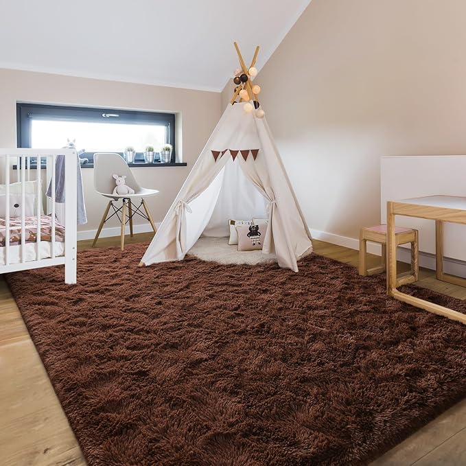 5x8 Large Area Rugs for Living Room, Super Soft Fluffy Modern Bedroom Rug, Brown Coffee Indoor Shag Fuzzy Carpets for Girls Kids Nursery Room Home Decor - LeafyLoom