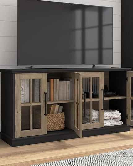 Bush Furniture Westbrook 60W TV Stand for 75 Inch TV in Vintage Black/Restored Tan Hickory | Living Room Entertainment Center with Storage - LeafyLoom