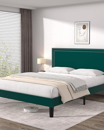 VECELO Full Size Platform Bed Frame with Height Adjustable Upholstered Headboard, Modern Mattress Foundation,Strong Wood Slat Support, No Box Spring Needed, Easy Assembly - LeafyLoom