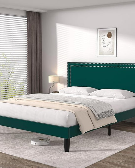 VECELO Queen Size Platform Bed Frame with Height Adjustable Upholstered Headboard, Modern Mattress Foundation,Strong Wood Slat Support, No Box Spring Needed, Easy Assembly - LeafyLoom