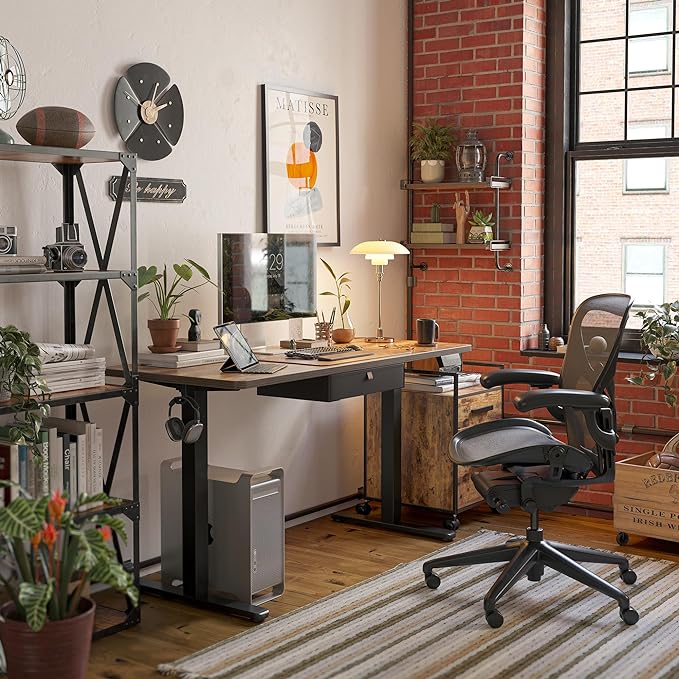 FEZIBO 55 x 24 Inches Standing Desk with Drawer, Adjustable Height Electric Stand up Desk with Storage, Sit Stand Home Office Desk, Ergonomic Computer Desk, Rustic Brown - LeafyLoom