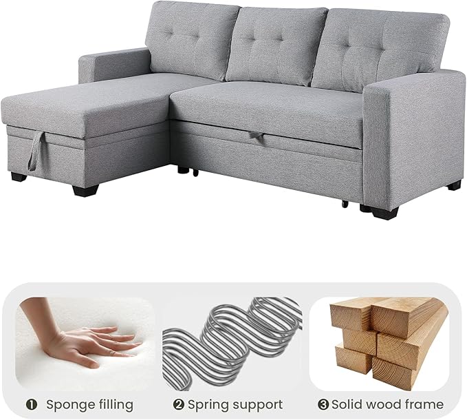 L Shape Sleeper Sofa Bed with Storage, Large Full Size Pull Out Sectional Couch, Futon Chaise Lounge Recliner for Living Room, Apartment, Bedroom, Office, Grey - LeafyLoom