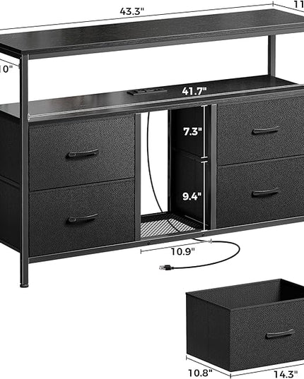 TV Stand Dresser with Power Outlets and LED Lights, 4 Drawers Entertainment Center with Open Shelf, Media Console for 50 43 Inch TV, Dresser with PU Finish, Black - LeafyLoom