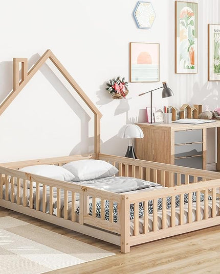 Bellemave Full Size House-Shaped Headboard Floor Bed for Kids, Montessori Floor Bed with Fence and Door,House Bed Twin Frame for Girls,Boys (Natural) - LeafyLoom
