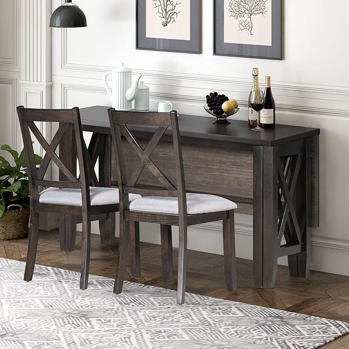 6 Piece Family Set with Solid Wood Foldable Table and 4 Chairs, Bench, Space Saving ann Easy to Assemble, for Living, Dining Room, Home Bar and Kitchen, Dark Brown - LeafyLoom