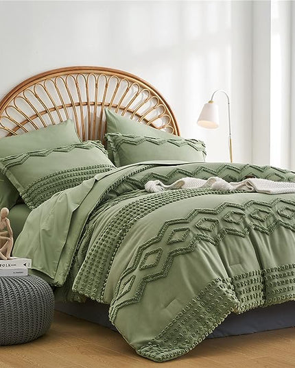 Sage Green Tufted Comforter Set Queen Size 7 Piece Bed in a Bag, Shabby Chic Boho Comforter and Sheet Set, Pom Pom Textured Bed Set, All Season Soft Microfiber Complete Bedding Set(Green,Queen) - LeafyLoom