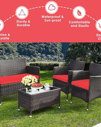 Goplus 4-Piece Rattan Patio Set, Outdoor/Indoor Wicker Conversation Set for Pool, Backyard, Lawn, Wicker Chairs and Sofa with Soft Cushion, Rattan Furniture with Tempered Glass Coffee Table - LeafyLoom