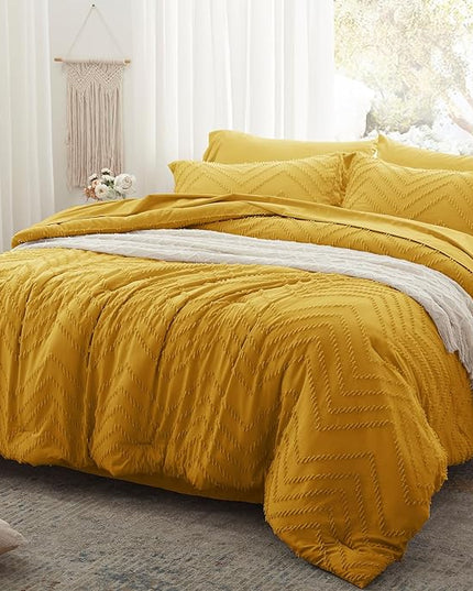 Anluoer Queen Comforter Set, Mustard Yellow Tufted Bed in a Bag 7 Pieces with sheets, All Season Bedding Sets with 1 Comforter, 2 PillowShams, 2 Pillowcases, 1 Flat Sheet, 1 Fitted Sheet - LeafyLoom