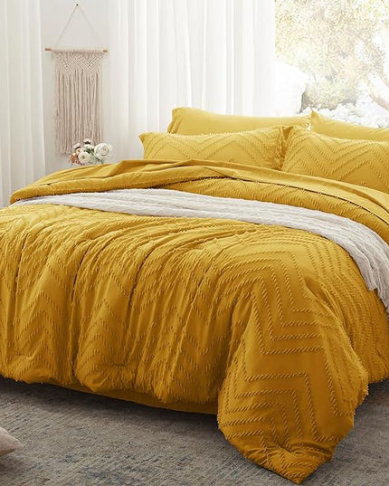 Anluoer Twin Comforter Set, Mustard Yellow Tufted Bed in a Bag 5 Pieces with comforters and sheets, All Season Bedding Sets with 1 Comforter, 1 PillowShams, 1 Pillowcases, 1 Flat Sheet, 1 Fitted Sheet - LeafyLoom