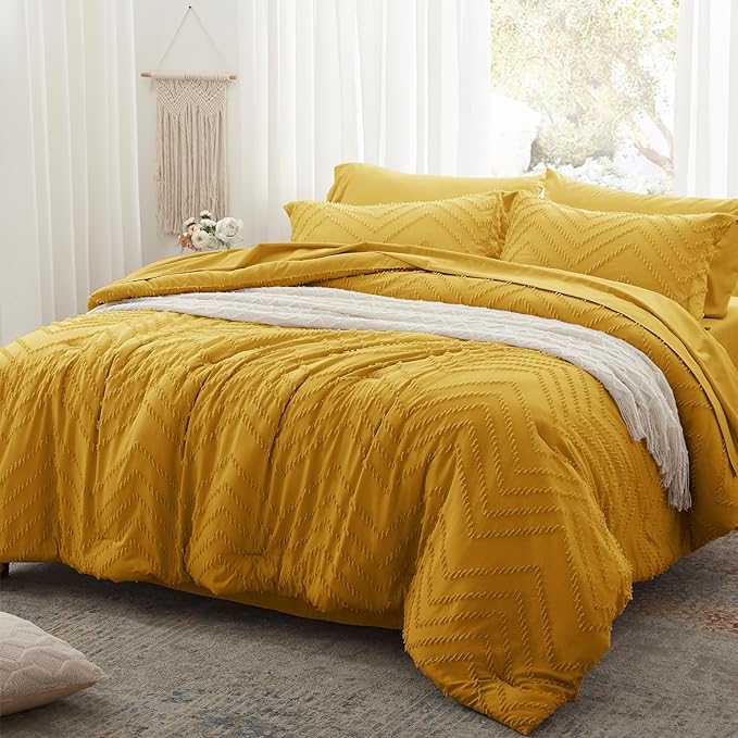 Anluoer Twin Comforter Set, Mustard Yellow Tufted Bed in a Bag 5 Pieces with comforters and sheets, All Season Bedding Sets with 1 Comforter, 1 PillowShams, 1 Pillowcases, 1 Flat Sheet, 1 Fitted Sheet - LeafyLoom